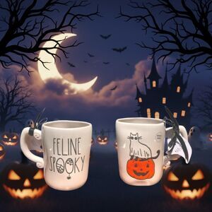 Rae Dunn FELINE SPOOKY Ceramic Mug Black Cat Ghost, Orange Pumpkin Halloween
